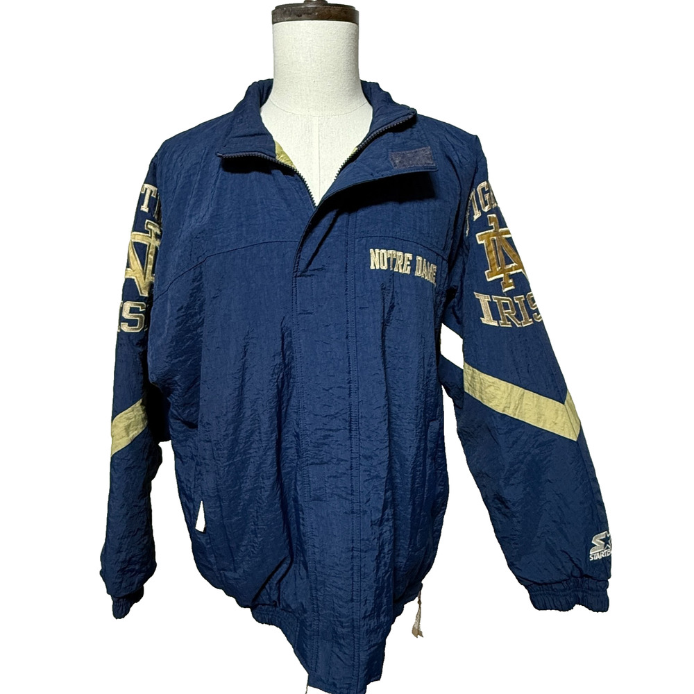 Vintage Notre Dame Starter Jacket Mens Large Blue Gold Quilted Fighting Irish